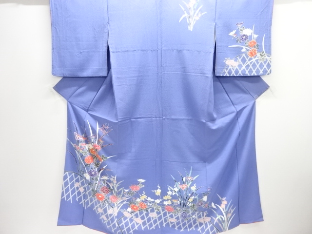 JAPANESE KIMONO / HOMONGI / SILK / KATAZOME / FLORAL PLANTS & SWALLOW